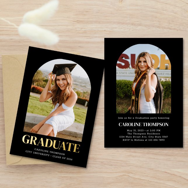Black Bold Gold Typography 2 Photo Arch Graduation Foil Invitation (Creator Uploaded)