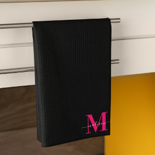 Black & Bold Hot Pink Monogram Initial Name Family Kitchen Towel