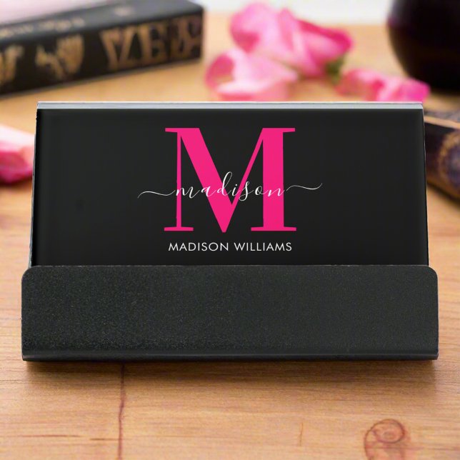 Black & Bold Hot Pink Monogram Initial Typography Desk Business Card Holder (Creator Uploaded)