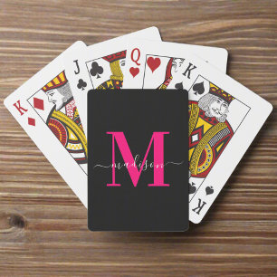 Black & Bold Hot Pink Monogram Name Family Poker Cards