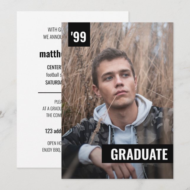 Black Bold & Modern Photo Graduation Invitation (Front/Back)
