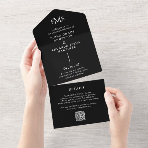 Black Bold Monogram QR Code Modern Wedding All In One Invitation