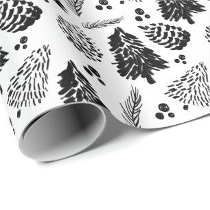 Black Bold Pine Tree Forest & Pinecone Christmas Wrapping Paper