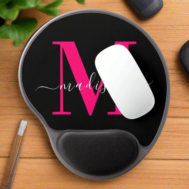 Black Bold Pink Girly Initial Monogram Script  Gel Mouse Pad (Creator Uploaded)