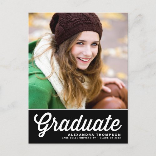 Black Bold Retro Script 2022 Photo Graduation Postcard - Invite family and friends with this customizable class of 2022 graduation invitation postcard. It features a white retro script typography on a black background. Personalize this black graduation party postcard by adding your photo, name and school name. This photo graduation invitation postcard is perfect for high school or college graduations. 