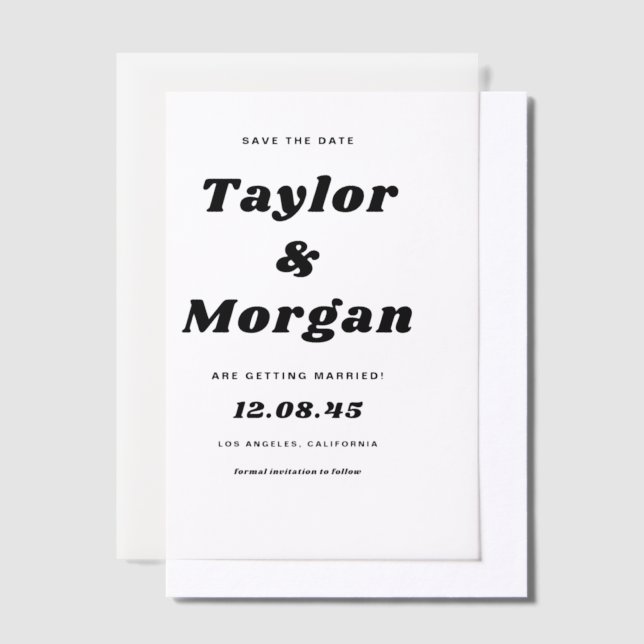 Black Bold Retro Script Save The Date Vellum Invitations (Offset)