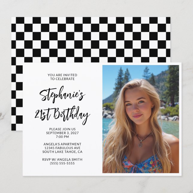 Black Bold Script Photo 21st Birthday Invitation (Front/Back)