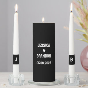 Black Bold Simple Script Monogrammed Wedding Unity Candle Set