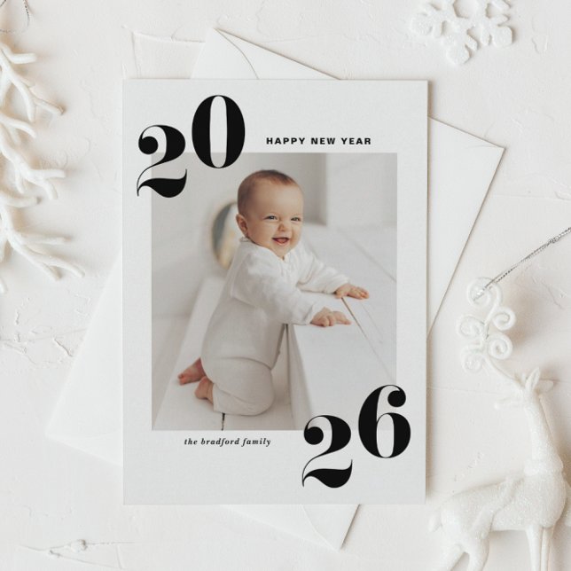 Black Bold Typography 2026 New Year Photo Holiday Postcard (Customizable photo Happy New Year postcard featuring 2026 in black retro bold typography.)