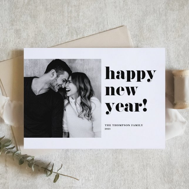 Black Bold Typography Photo Happy New Year Holiday Card (Creator Uploaded)