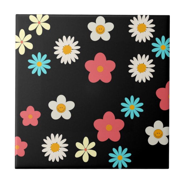 Black Bold Y2K Wildflower Vibrant Spring Decor Ceramic Tile (Front)
