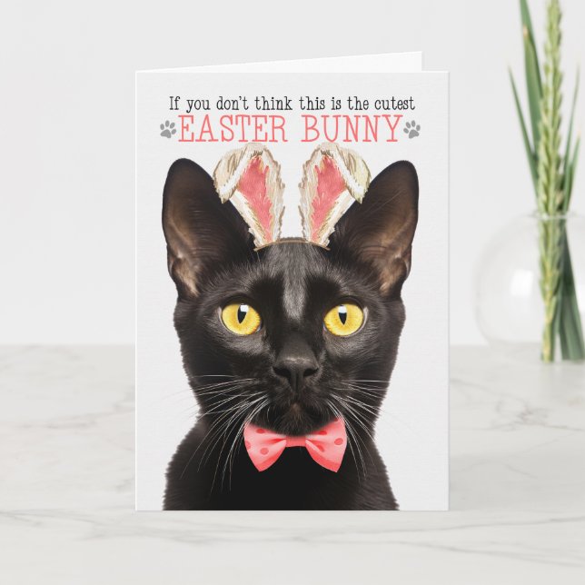 Black Bombay Cat in Bunny Ears for Easter Holiday Card (Front)