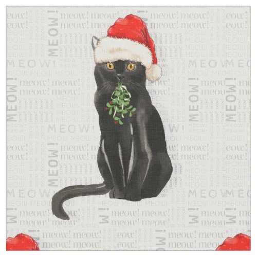 Black Bombay Santa Cat MEOW Word Art Fabric