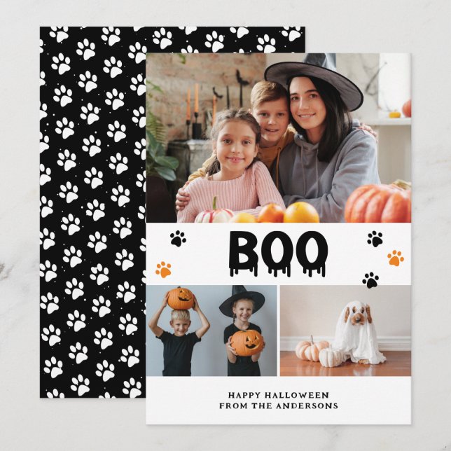 Black Boo Pet Photo Happy Halloween Card (Front/Back)