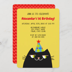 Black Booo The Cat , Funny Black 1st Birthday Invitation