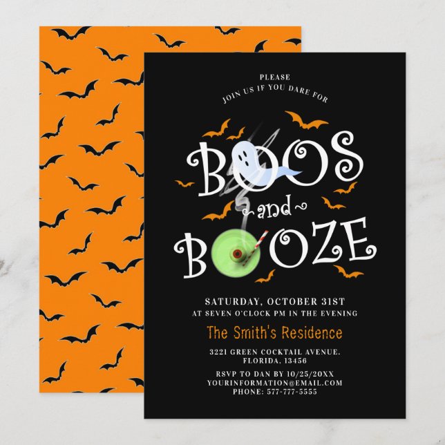 Black Boos & Booze Halloween Party Invitation (Front/Back)