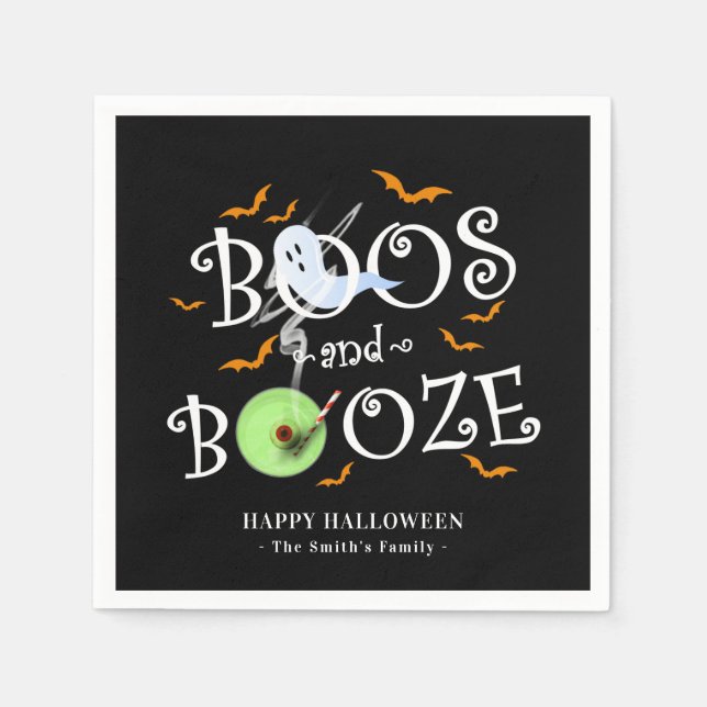 Black Boos & Booze Halloween Party Napkins (Front)