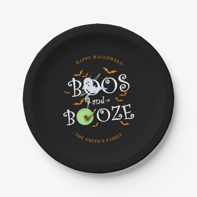 Black Boos & Booze Halloween Party Paper Plates (Front)