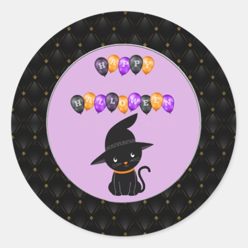 Black Border Black Cat Happy Halloween Balloons Classic Round Sticker