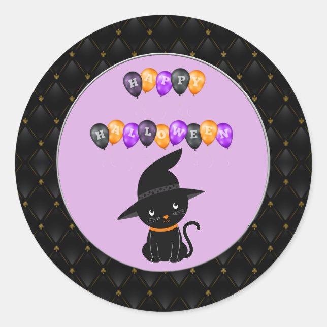 Black Border Black Cat Happy Halloween Balloons Classic Round Sticker (Front)