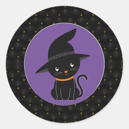 Black Border Black Cat With A Witch Hat Halloween Classic Round Sticker