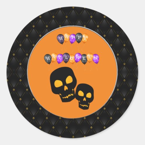 Black Border Black Skulls Happy Halloween Balloons Classic Round Sticker