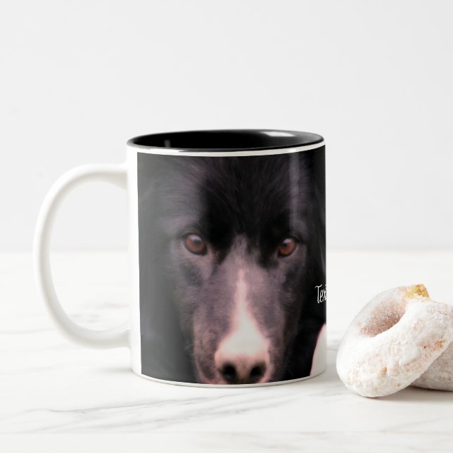 Black Border Collie Face Personalized Two-Tone Coffee Mug (With Donut)