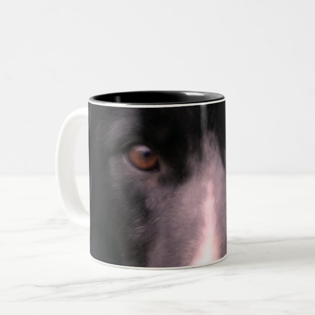 Black Border Collie Face Up Close Two-Tone Coffee Mug (Front Left)