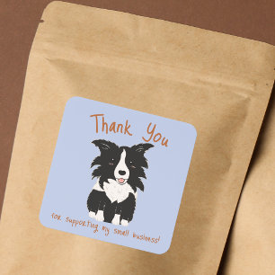 Black Border Collie Thank You Blue Small Business Square Sticker