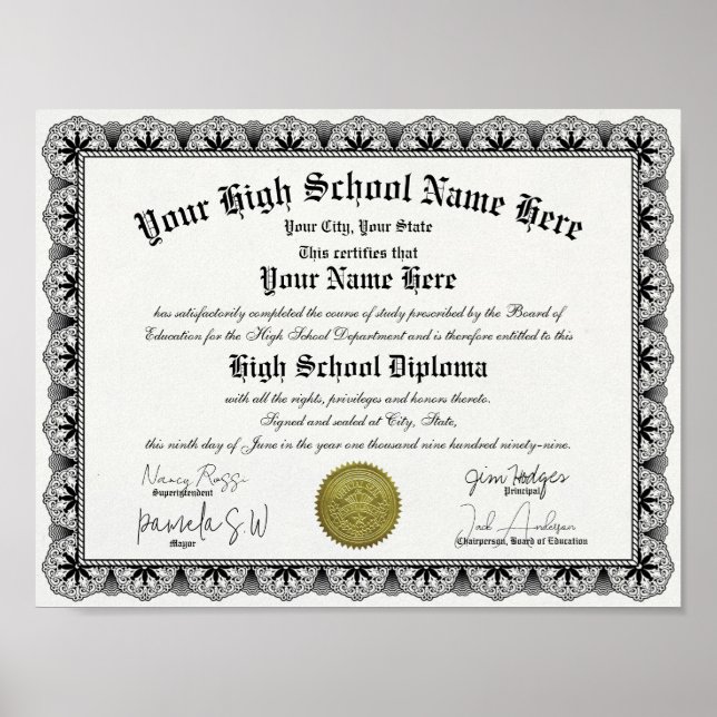 Black Border High School Diploma Replica Poster (Front)