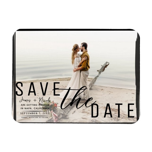 Black Border Overlay Photo Save the Date Wedding Magnet (Horizontal)