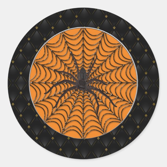 Black Border Spider Web And Black Spider Halloween Classic Round Sticker (Front)