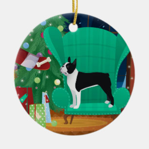 Black Boston Terrier and Santa's Gift Ceramic Ornament