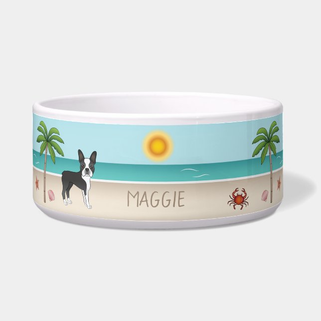 Black Boston Terrier At A Tropical Summer Beach Bowl (Front)