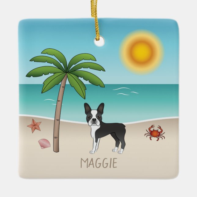 Black Boston Terrier At A Tropical Summer Beach Ceramic Ornament (Front)