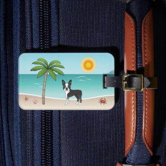 Black Boston Terrier At A Tropical Summer Beach Luggage Tag