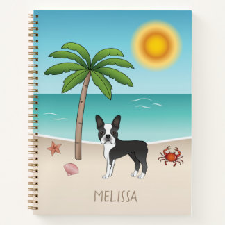Black Boston Terrier At A Tropical Summer Beach Notebook