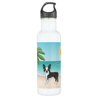 Black Boston Terrier At A Tropical Summer Beach Stainless Steel Water Bottle