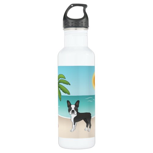 Black Boston Terrier At A Tropical Summer Beach Stainless Steel Water Bottle