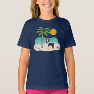 Black Boston Terrier At A Tropical Summer Beach T-Shirt