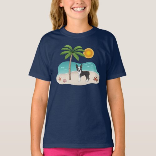 Black Boston Terrier At A Tropical Summer Beach T_Shirt