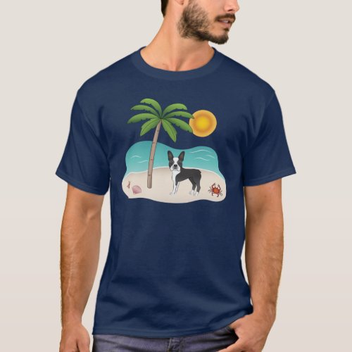 Black Boston Terrier At A Tropical Summer Beach T_Shirt