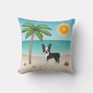 Black Boston Terrier At A Tropical Summer Beach Throw Pillow