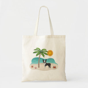 Black Boston Terrier At A Tropical Summer Beach Tote Bag