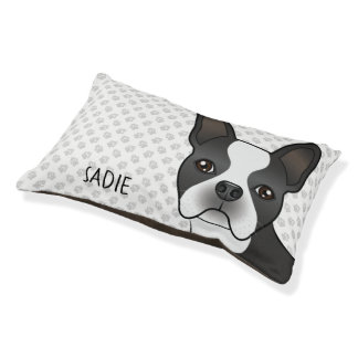 Black Boston Terrier Cartoon Dog Head &amp; Name Pet Bed