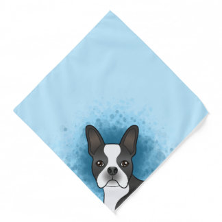 Black Boston Terrier Cartoon Dog Head On Blue Bandana