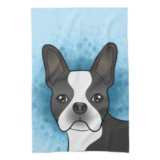 Black Boston Terrier Cartoon Dog Head On Blue Kitchen Towel