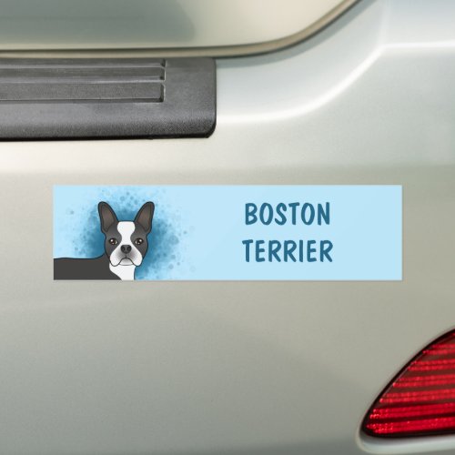 Black Boston Terrier Cartoon Dog On Blue  Text Bumper Sticker