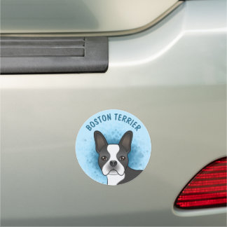 Black Boston Terrier Cartoon Dog On Blue &amp; Text Car Magnet