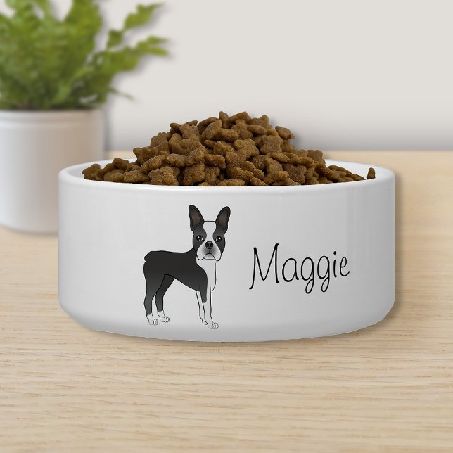 Black Boston Terrier Cute Cartoon Dog With A Name Bowl (Creator Uploaded)